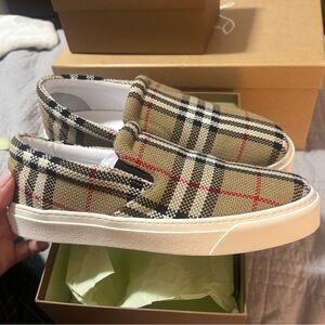 Burberry Beige and Black Check Slip-On Loafers